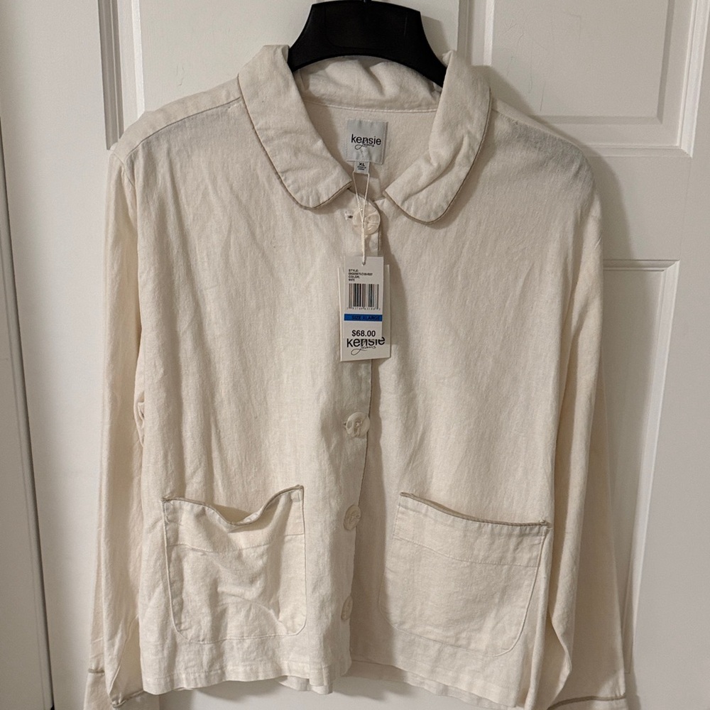 Kensie Women’s Off-White Button Up Utility Jacket Linen Blend Size XL NEW